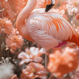 Flamingo in Zachte Perzikkleurige Bloemenzee van Eva Lee