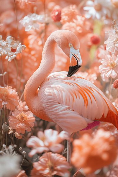 Flamingo in zartem Pfirsich Blumenmeer von Eva Lee