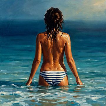 Ruhige Frau, die in den Wellen des Ozeans steht