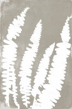 White ferns in retro style. Modern botanical minimalist art in concrete grey and white by Dina Dankers