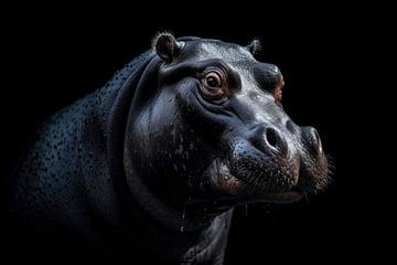 Hippo Portrait Schwarzer Hintergrund von Digitale Schilderijen