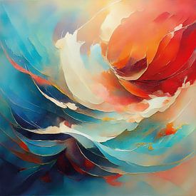 Beautiful abstract in red, blue and cream by Patricia Hofmeester