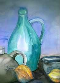 cruches en faïence avec des oignons jaunes sur Claudia Gründler