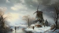 Dutch winter landscape painting with windmill