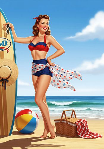 Pin-Up vrouw met strandaccessoires op zandige kust