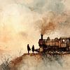 Zug bei Sonnenuntergang - nostalgische Aquarellmalerei von Peter Pen Zeichnungen und Gemälde