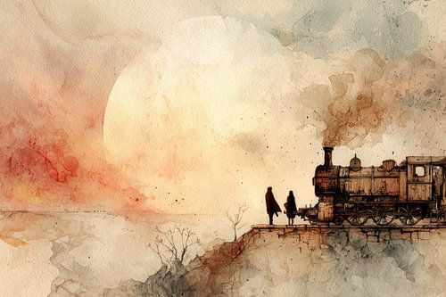 Train at sunset - nostalgic watercolour painting