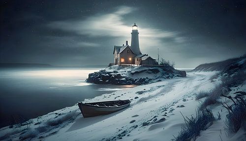 Wintry waterside landscape with lighthouse