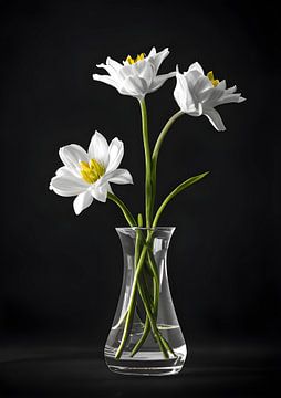 Drie witte bloemen in vaas tegen zwarte achtergrond van Grafiekus