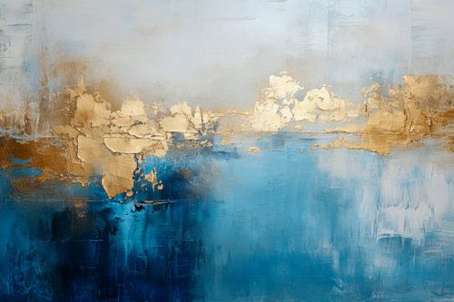 Blauw Goud Abstract - Rustig Schilderij met Diepte