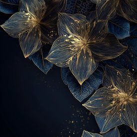 Blumen in Gold Line Eleganz auf Dunkelblau von Eva Lee