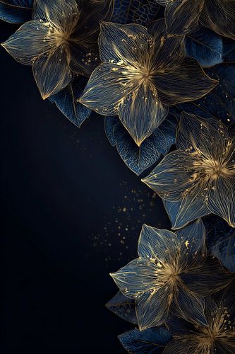 Flowers in Gold Line Elegance on Dark Blue