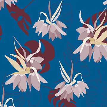 Vintage-Blüte. Blumen und Blätter in Retro-Kobaltblau, Burgunderrot, Flieder und Sand von Dina Dankers