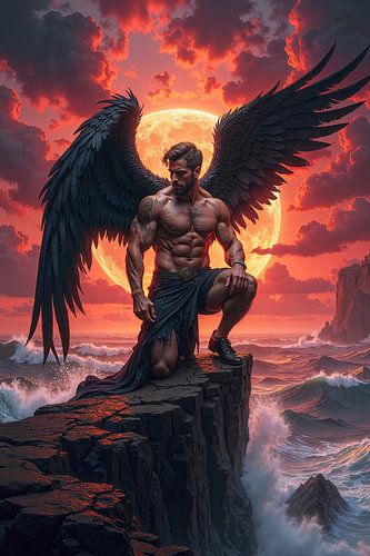 CAELDRYX - De gevallen engel aan de kust bij zonsondergang