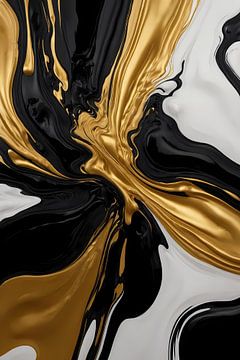 Dessin abstrait dynamique en noir, blanc et or sur De Muurdecoratie