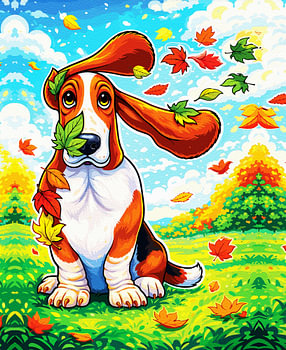 Basset Hound im Herbstlaub – Verspieltes Cartoon-Porträt