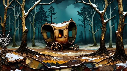 Woonwagen in een bos bij nacht