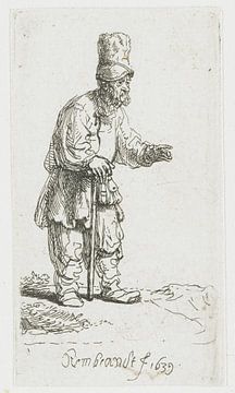 Stehender Landwirt mit hoher Kopfbedeckung, am Stock gelehnt, Rembrandt van Rijn