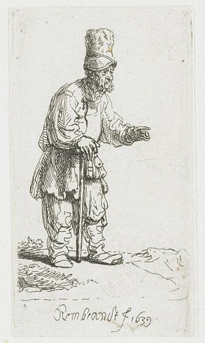 Fermier debout, coiffé d'un haut harnais, appuyé sur un bâton, Rembrandt van Rijn