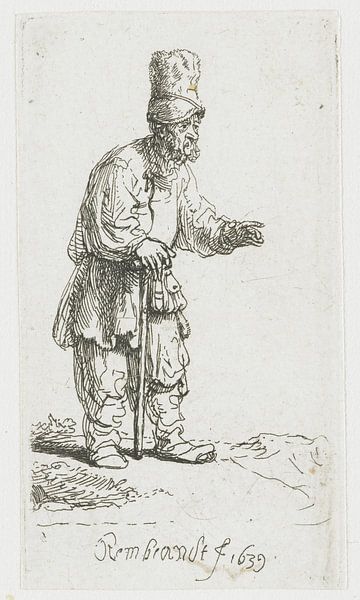 Fermier debout, coiffé d'un haut harnais, appuyé sur un bâton, Rembrandt van Rijn par Ed z'n Schets