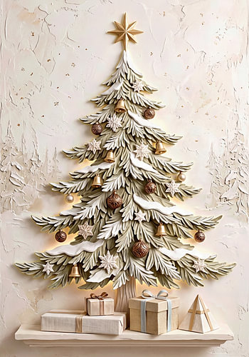 Sapin de Noël « Japandi » – Relief baigné dans la lueur dorée des lumières