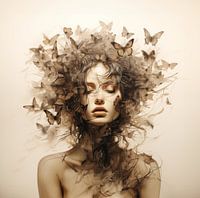 abstract work of a woman with several butterflies around her