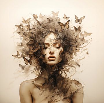 abstrakte Arbeit einer Frau mit mehreren Schmetterlingen um sie herum von Margriet Hulsker