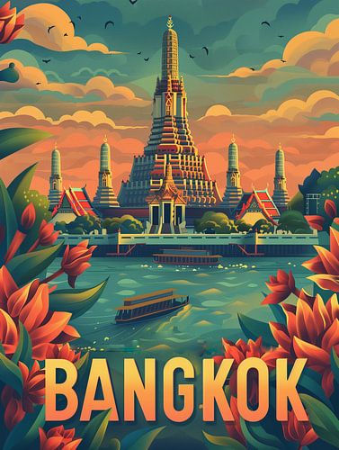 Mystieke Bangkok Rivier en Tempel Retro Kunstdruk