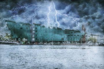 Blitzeinschlag in das NEMO Science Museum in Amsterdam (digitale Fotomontage) von Art by Jeronimo