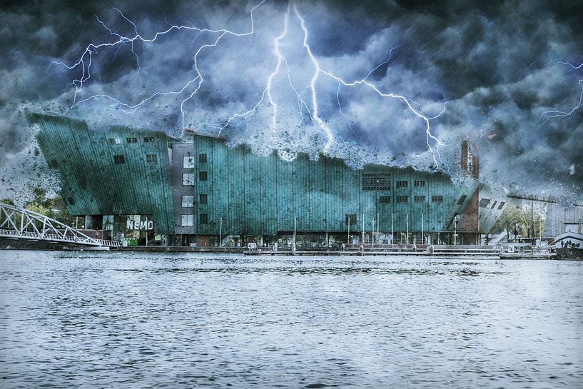 Lightning strikes NEMO Science Museum in Amsterdam (digital photo montage) by Art by Jeronimo