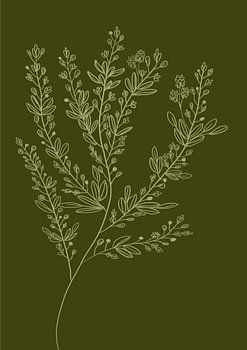Botanical Branch on Olive Green – Minimalist Line Drawing