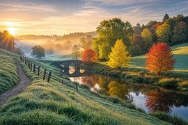 Autumn Landscape with Stone Bridge, River, and Sunrise by Markus Gann