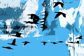 a flight of cormorants in flight mixed media by Werner Lehmann