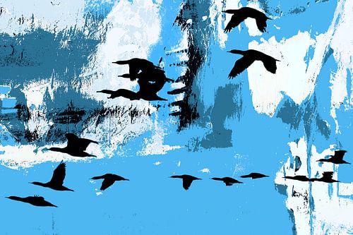 a flight of cormorants in flight mixed media