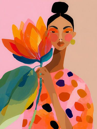 Frau mit großer orangefarbener Blume - moderne Illustration in hellen Farben und Mustern