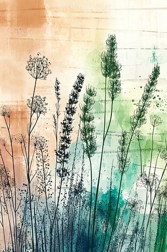 Aquarel bloemen in groen en blauw – moderne botanische wanddecoratie