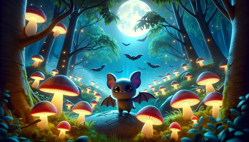 Enchanting moonlit night in the glowing mushroom forest by artefacti