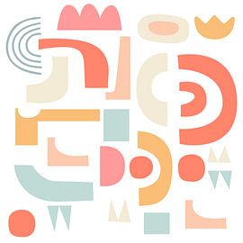 Vrolijke vormen. Retro collage in oranje, roze, geel, blauw op wit van Dina Dankers