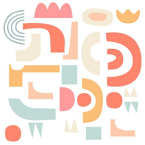 Formes joyeuses. Collage rétro en orange, rose, jaune, bleu sur blanc