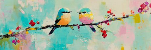 Two birds in a colourful dream garden