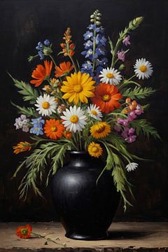 Bunte Wildblumen in schwarzer, antiker Vase von De Muurdecoratie