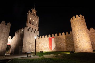 Mittelalterliches Tor in der Stadtmauer von Avila, Spanien, bei Nacht