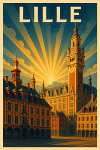 Lille Art Deco Poster - Grand Place & Belfried im Vintage-Stil