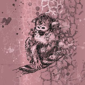 Tekening van een aapje in roze en zwart van Emiel de Lange