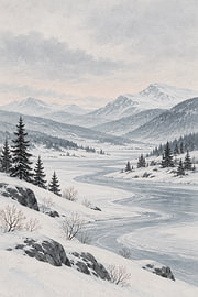 Arctic Silence: Winding Frozen River Through Snowy Mountains by Alfonz