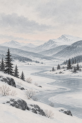 Arctische stilte: een kronkelende bevroren rivier door besneeuwde bergen