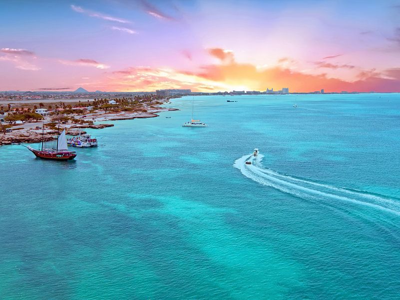 Aerial view of Aruba in the Caribbean Sea at sunset by Eye on You