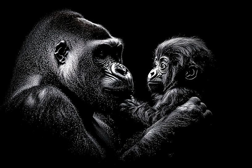 Mère et petit gorille noir et blanc par Imperial Art House