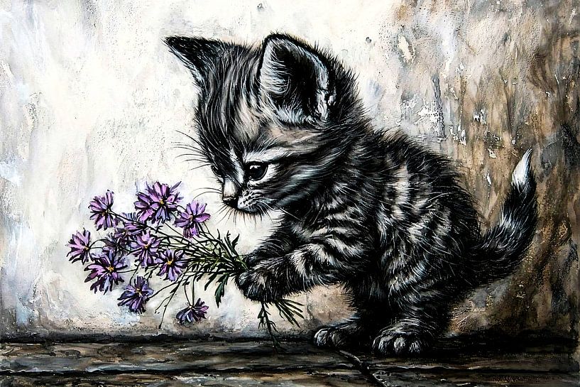 Kat met bloemen in haar poot van Art & Soul Creations