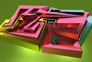 Complex 3D graffiti in roze, geel en groen met de letters "Tez" van Pat Bloom - Moderne 3D, abstracte kubistische en futurisme kunst